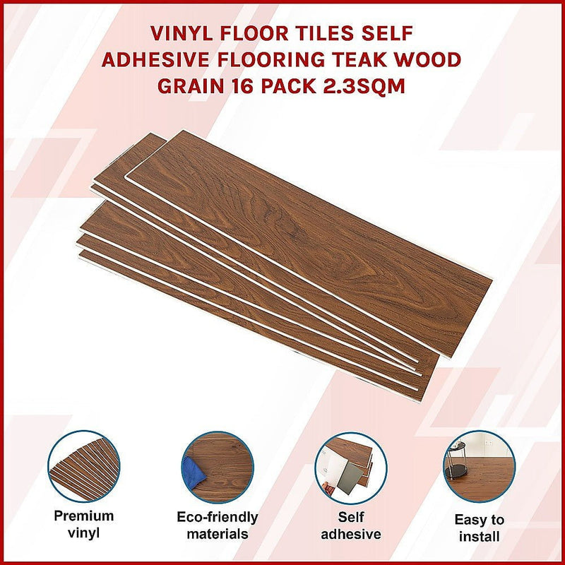 Vinyl Floor Tiles Self Adhesive Flooring Teak Wood Grain 16 Pack 2.3SQM Payday Deals