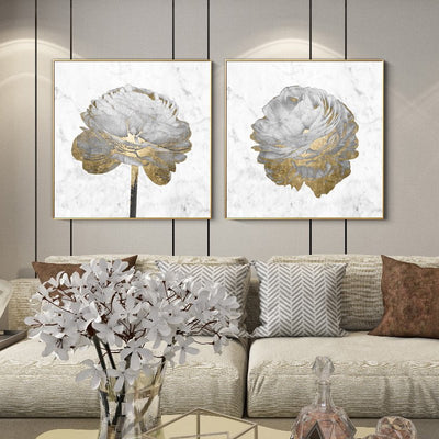 Wall Art 100cmx100cm Gold And White Blossom On White 2 Sets Gold Frame Canvas Payday Deals