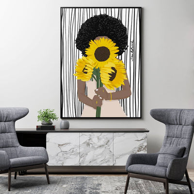 Wall Art 100cmx150cm African Woman Sunflower Black Frame Canvas Payday Deals