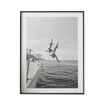 Wall Art 100cmx150cm Black and White Ocean Jump, Black Frame Canvas Payday Deals