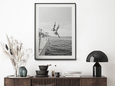 Wall Art 100cmx150cm Black and White Ocean Jump, Black Frame Canvas Payday Deals