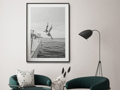 Wall Art 100cmx150cm Black and White Ocean Jump, Black Frame Canvas Payday Deals