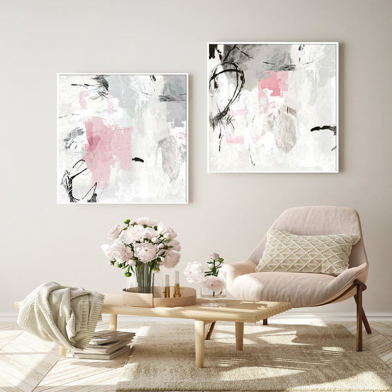 Wall Art 40cmx40cm Abstract Pink Grey 2 Sets White Frame Canvas Payday Deals