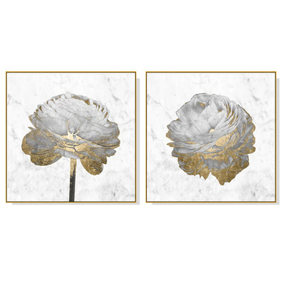 Wall Art 40cmx40cm Gold And White Blossom On White 2 Sets Gold Frame Canvas