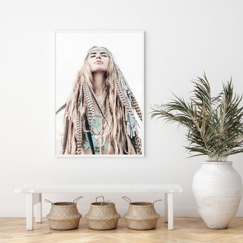 Wall Art 40cmx60cm BOHO Girl White Frame Canvas Payday Deals