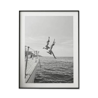 Wall Art 50cmx70cm Black and White Ocean Jump, Black Frame Canvas