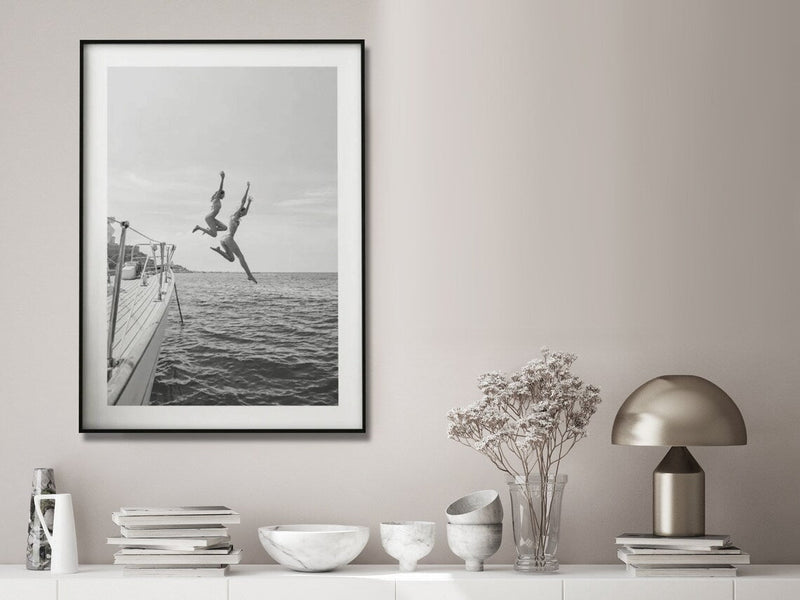 Wall Art 50cmx70cm Black and White Ocean Jump, Black Frame Canvas Payday Deals