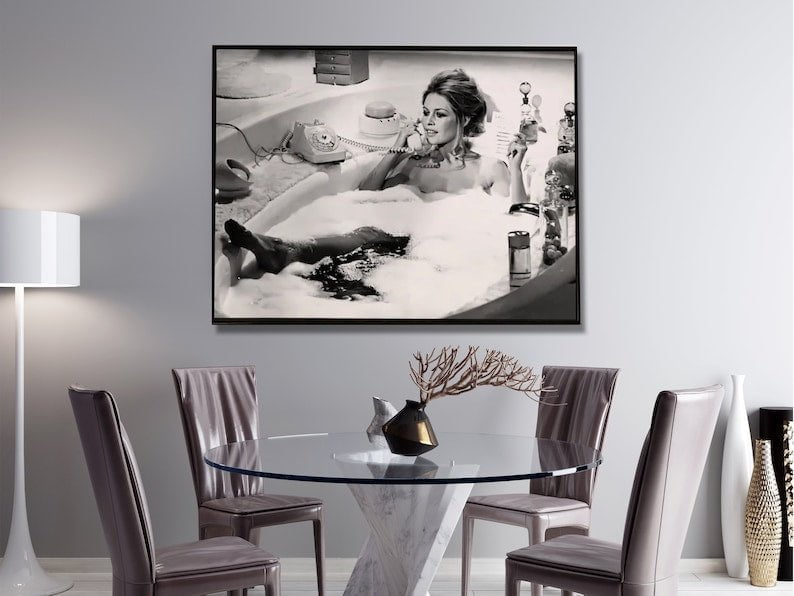 Wall Art 50cmx70cm Brigitte Bardot In the bath poster, Black Frame Canvas Payday Deals