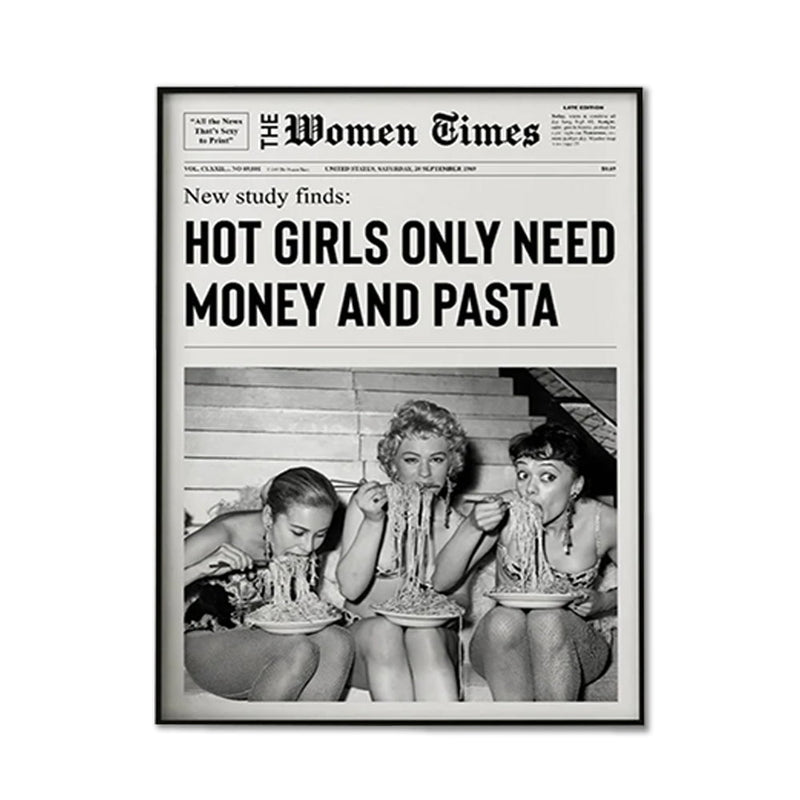 Wall Art 50cmx70cm Vintage Fashion Woman Eating Pasta, Black Frame Canvas Payday Deals
