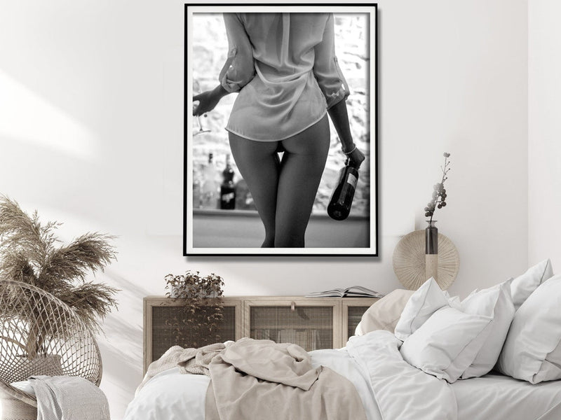 Wall Art 50cmx70cm Woman Drinking Wine , Black and White, Black Frame Canvas Payday Deals