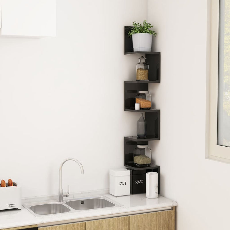 Wall Corner Shelf High Gloss Black 20x20x127.5 cm Engineered Wood Payday Deals
