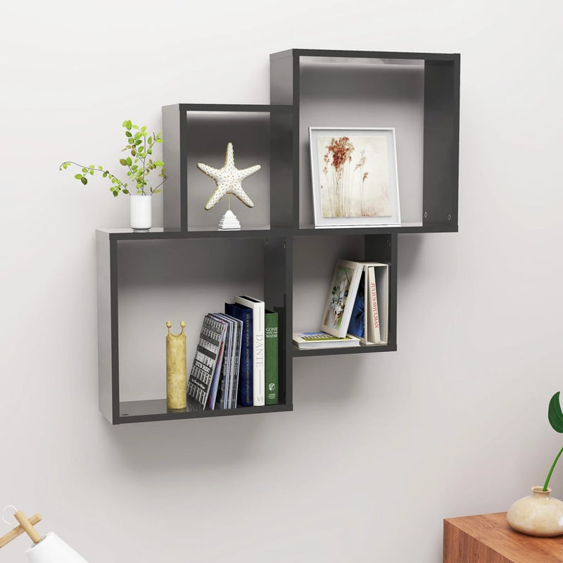 Wall Cube Shelf High Gloss Grey 80x15x78.5 cm Engineered Wood Payday Deals