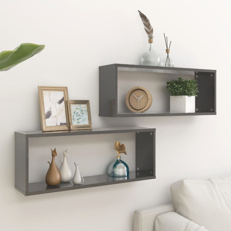 Wall Cube Shelves 2 pcs High Gloss Grey 60x15x23 cm Engineered Wood Payday Deals