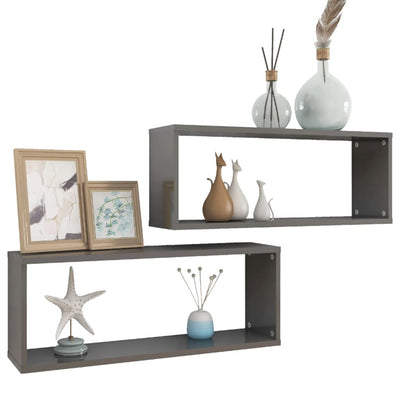 Wall Cube Shelves 2 pcs High Gloss Grey 60x15x23 cm Engineered Wood Payday Deals