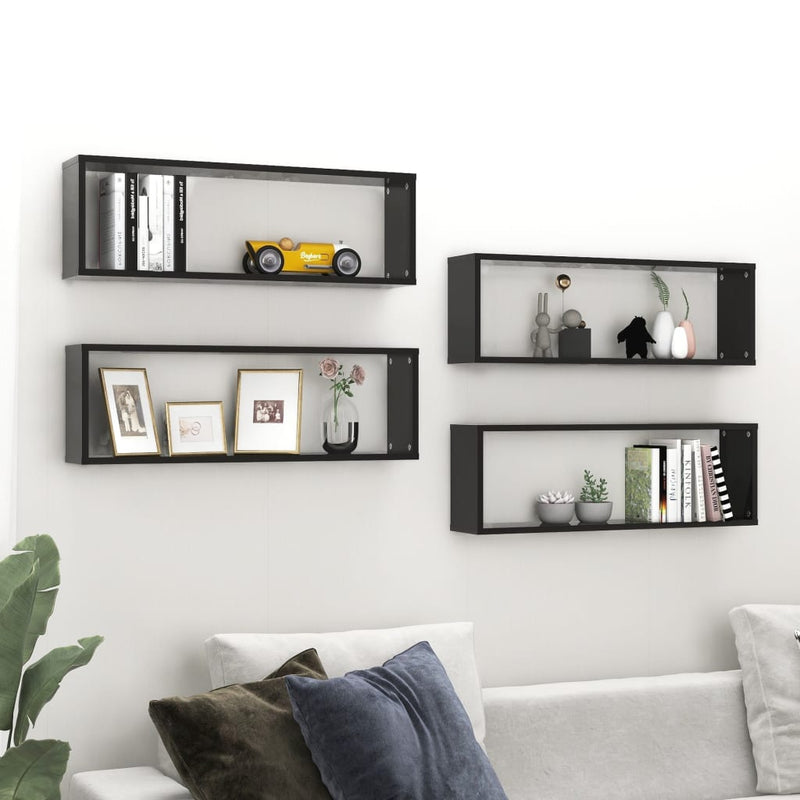 Wall Cube Shelves 4 pcs High Gloss Black 80x15x26.5cm Engineered Wood Payday Deals
