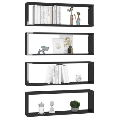 Wall Cube Shelves 4 pcs High Gloss Black 80x15x26.5cm Engineered Wood Payday Deals