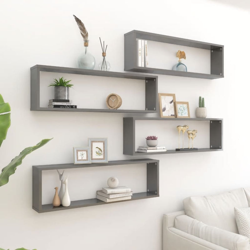 Wall Cube Shelves 4 pcs High Gloss Grey 100x15x30 cm Engineered Wood Payday Deals