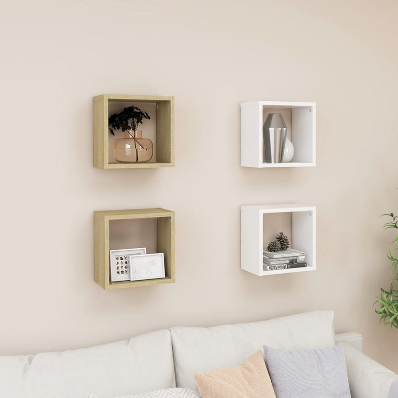 Wall Cube Shelves 4 pcs White and Sonoma Oak 26x15x26 cm Payday Deals