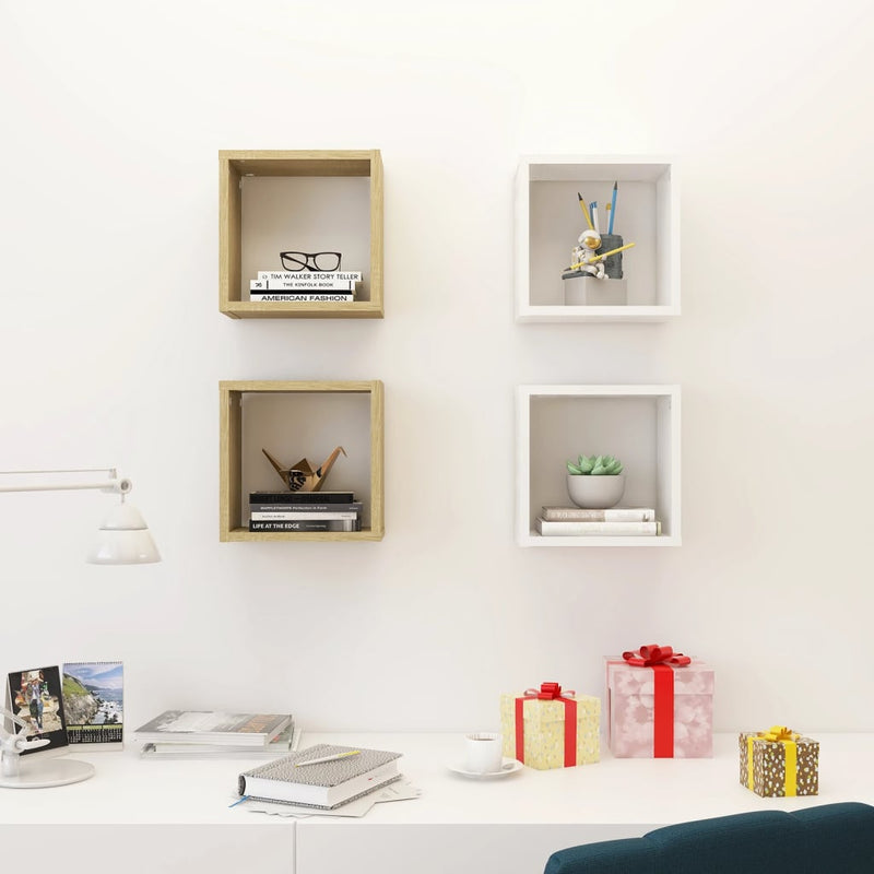 Wall Cube Shelves 4 pcs White and Sonoma Oak 26x15x26 cm Payday Deals