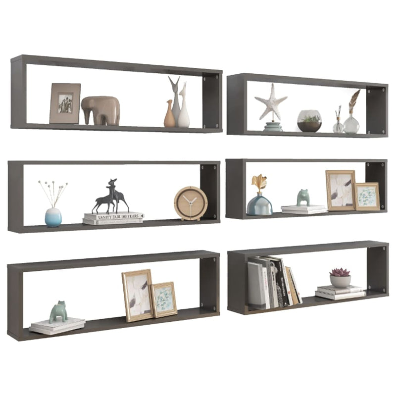Wall Cube Shelves 6 pcs High Gloss Grey 100x15x30 cm Engineered Wood Payday Deals