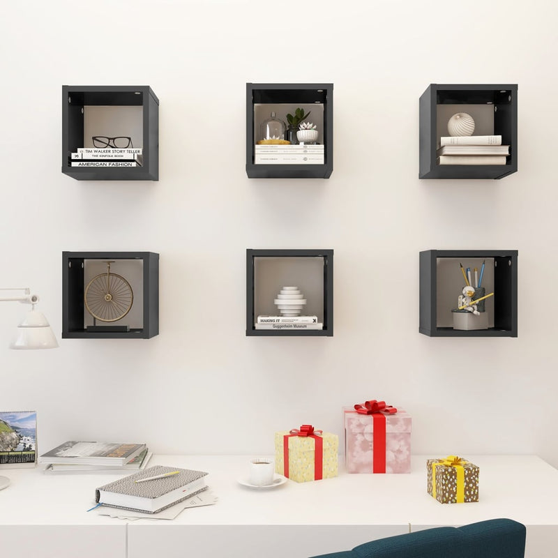 Wall Cube Shelves 6 pcs High Gloss Grey 22x15x22 cm Payday Deals