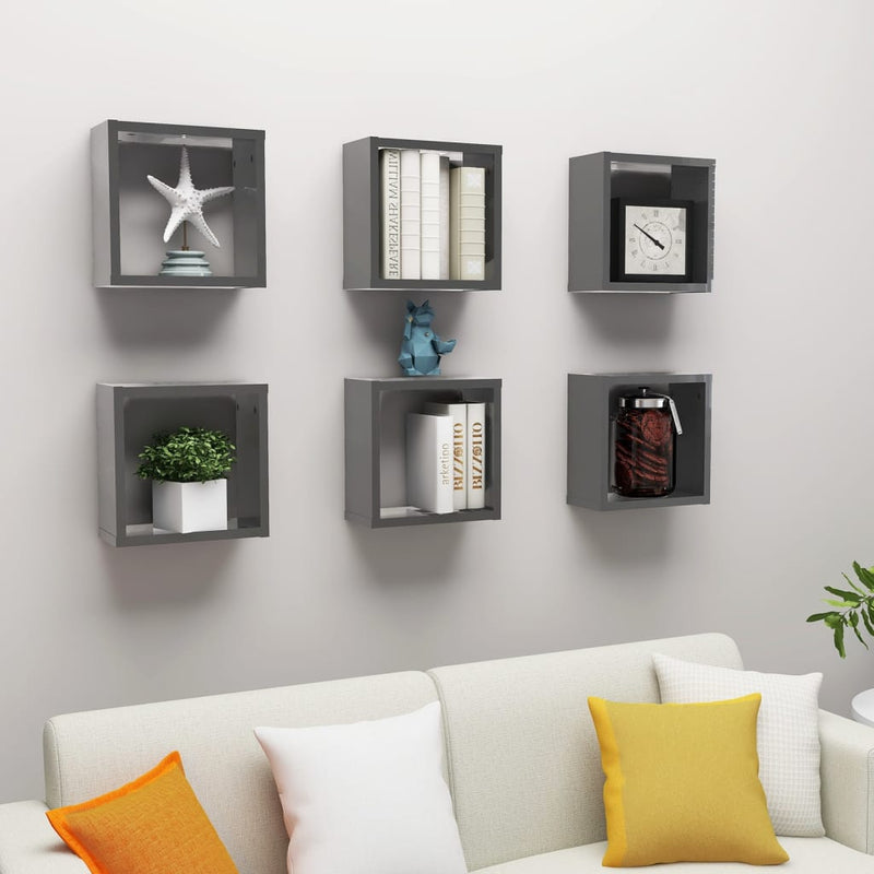 Wall Cube Shelves 6 pcs High Gloss Grey 30x15x30 cm Payday Deals
