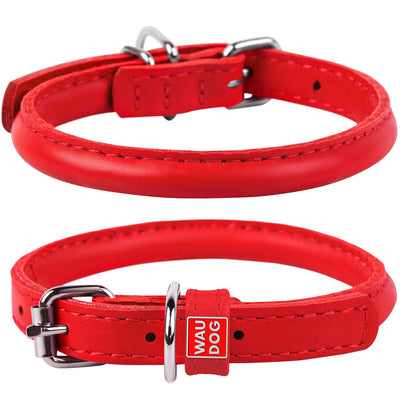 Waudog Leather Round Dog Collar  25-33CM RED