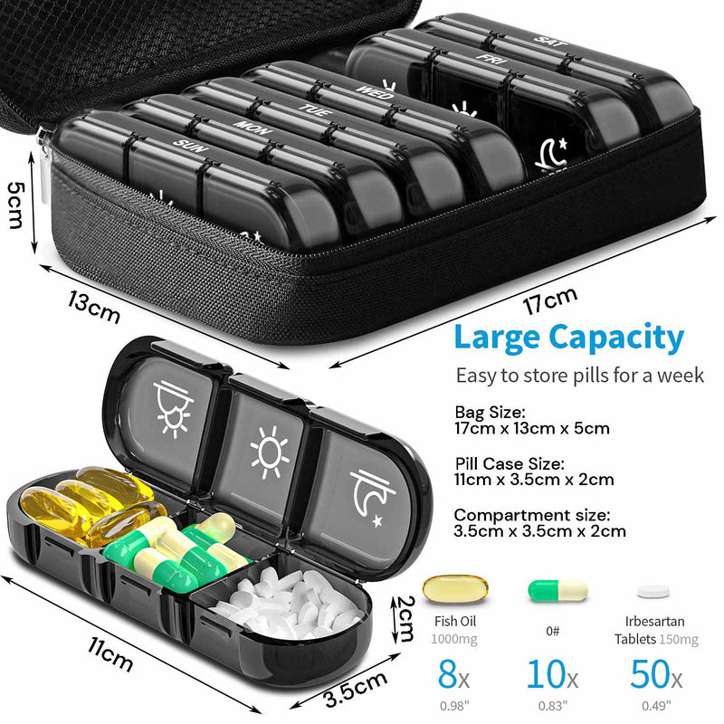 Weekly Pill Organizer 3 Times a Day Pill Box Daily Pill Case Vitamin, Medicine Case Black Payday Deals