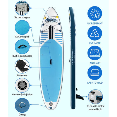 Weisshorn Stand Up Paddle Board Inflatable SUP Surfboard Paddleboard Kayak 10FT Payday Deals