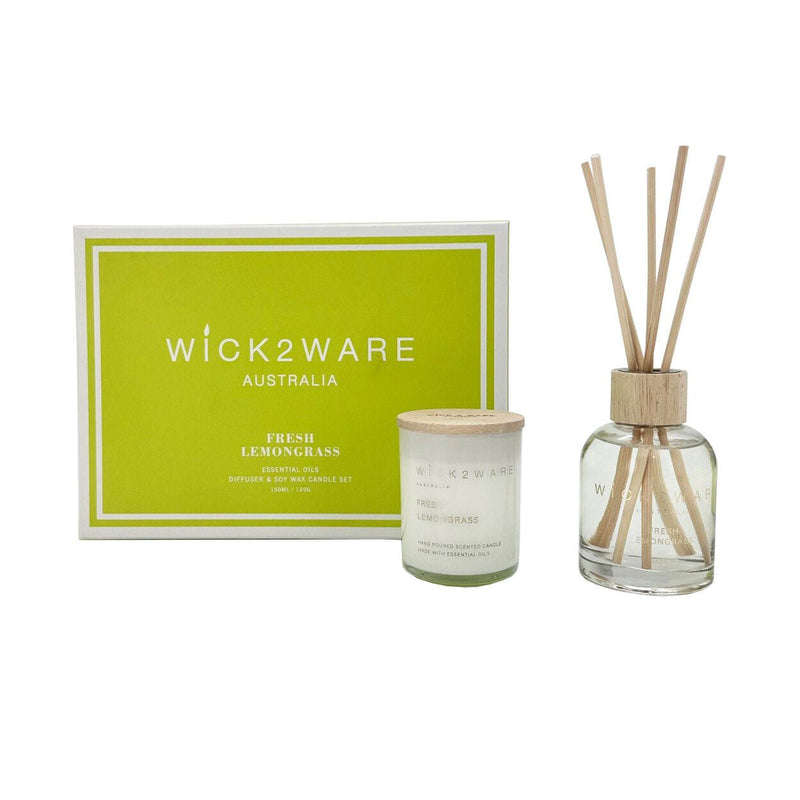 Wick2Ware Australia Fresh Lemongrass Essential Oils Diffuser and Soy Wax Candle Set Payday Deals
