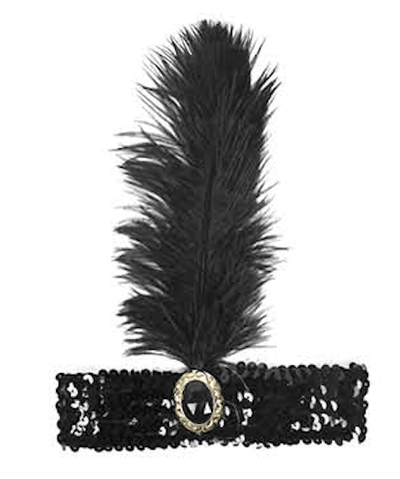 WIDE FLAPPER HEADBAND Feather Sequin Costume Gatsby Charleston Headpiece 1920s - Black