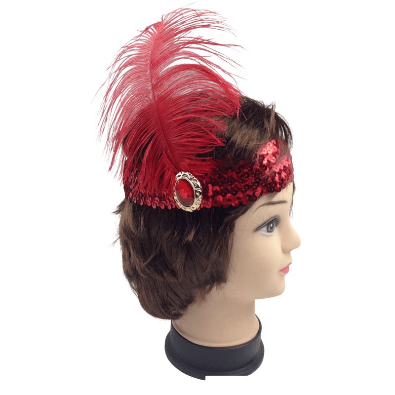 WIDE FLAPPER HEADBAND Feather Sequin Costume Gatsby Charleston Headpiece 1920s - Red Payday Deals