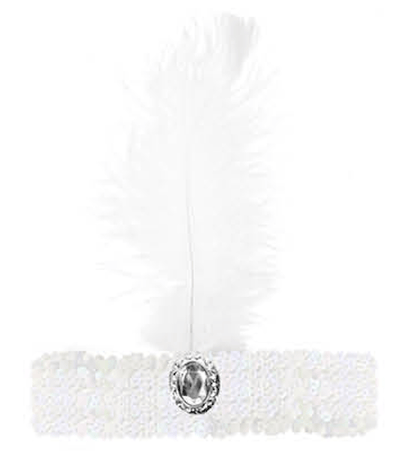 WIDE FLAPPER HEADBAND Feather Sequin Costume Gatsby Charleston Headpiece 1920s - White