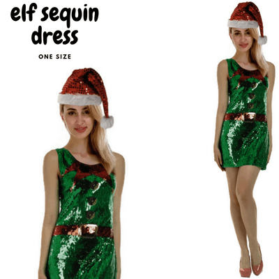 Womens Christmas Sequin Elf Dress Costume Party Dress Up Xmas Ladies Payday Deals