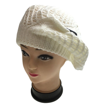 Womens FRENCH BERET HAT Knitted Cap Winter Warm Double Layered Ladies Beanie - White