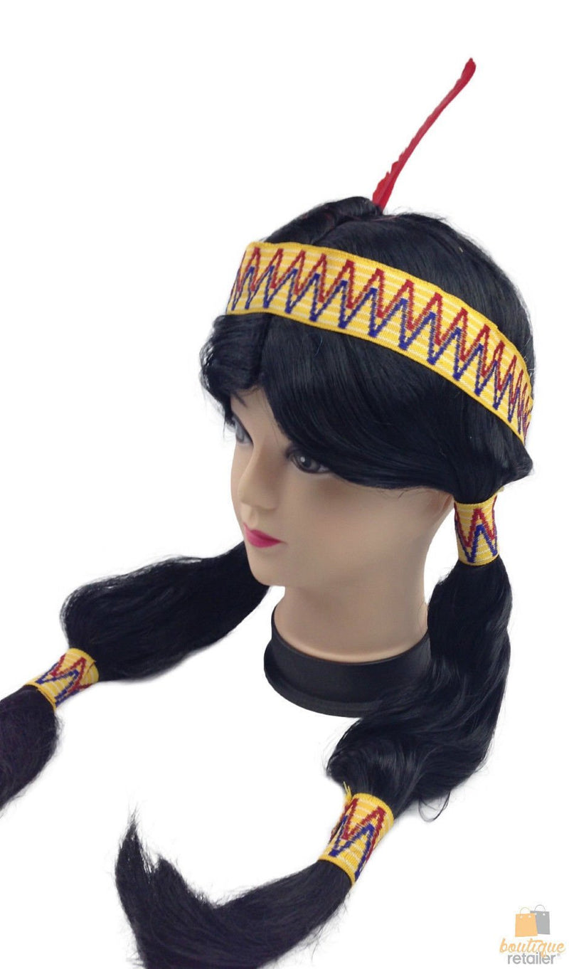 Womens Native American Wig w/ Red Feather Pigtail Indian Party Costume Hair Payday Deals