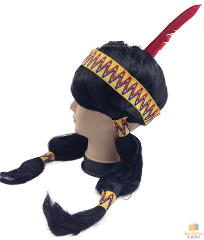 Womens Native American Wig w/ Red Feather Pigtail Indian Party Costume Hair Payday Deals