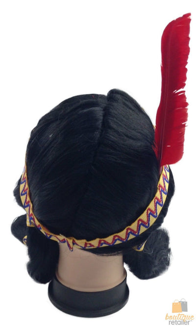 Womens Native American Wig w/ Red Feather Pigtail Indian Party Costume Hair Payday Deals