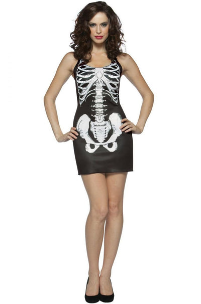 Womens SKELETON COSTUME Halloween Bones Tank Dress Black White Party Payday Deals