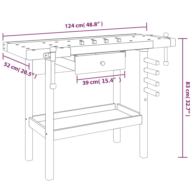 Workbench with Drawer and Vices 124x52x83 cm Solid Wood Acacia Payday Deals