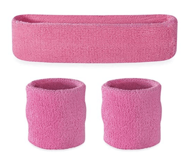 WRISTBAND & HEADBAND SET Tennis Terry Towelling Cotton Sweat Band Team Gym Kit - Light Pink Payday Deals