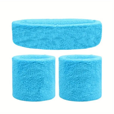 WRISTBAND & HEADBAND SET Tennis Terry Towelling Cotton Sweat Band Team Gym  - Sky Blue Payday Deals