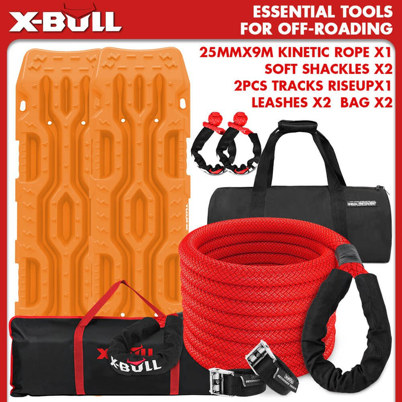 X-BULL Kinetic Recovery Rope Kit soft shackles 25mm x 9m Dyneema / 2PCS Recovery Tracks RISEUP Payday Deals