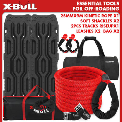 X-BULL Kinetic Recovery Rope Kit soft shackles 25mm x 9m Dyneema / 2PCS Recovery Tracks RISEUP Black