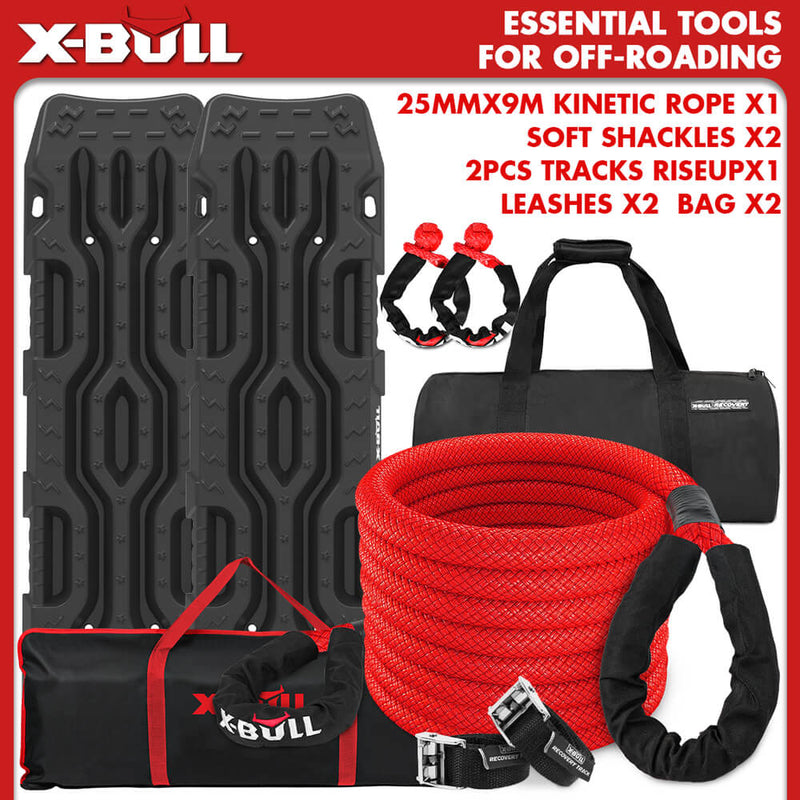 X-BULL Kinetic Recovery Rope Kit soft shackles 25mm x 9m Dyneema / 2PCS Recovery Tracks RISEUP Black Payday Deals