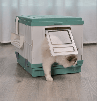 XL Portable Cat Toilet Litter Box Tray Foldable House with Handle and Scoop Green Payday Deals