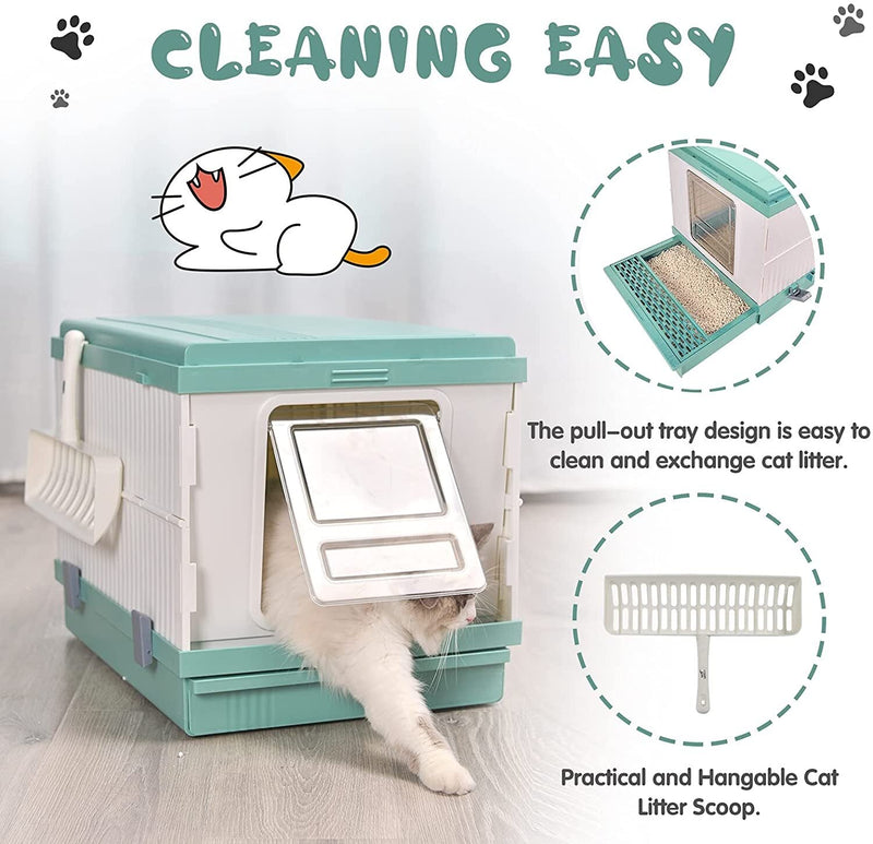 XL Portable Cat Toilet Litter Box Tray Foldable House with Handle and Scoop Green Payday Deals