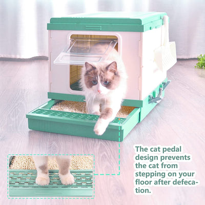 XL Portable Cat Toilet Litter Box Tray Foldable House with Handle and Scoop Green Payday Deals