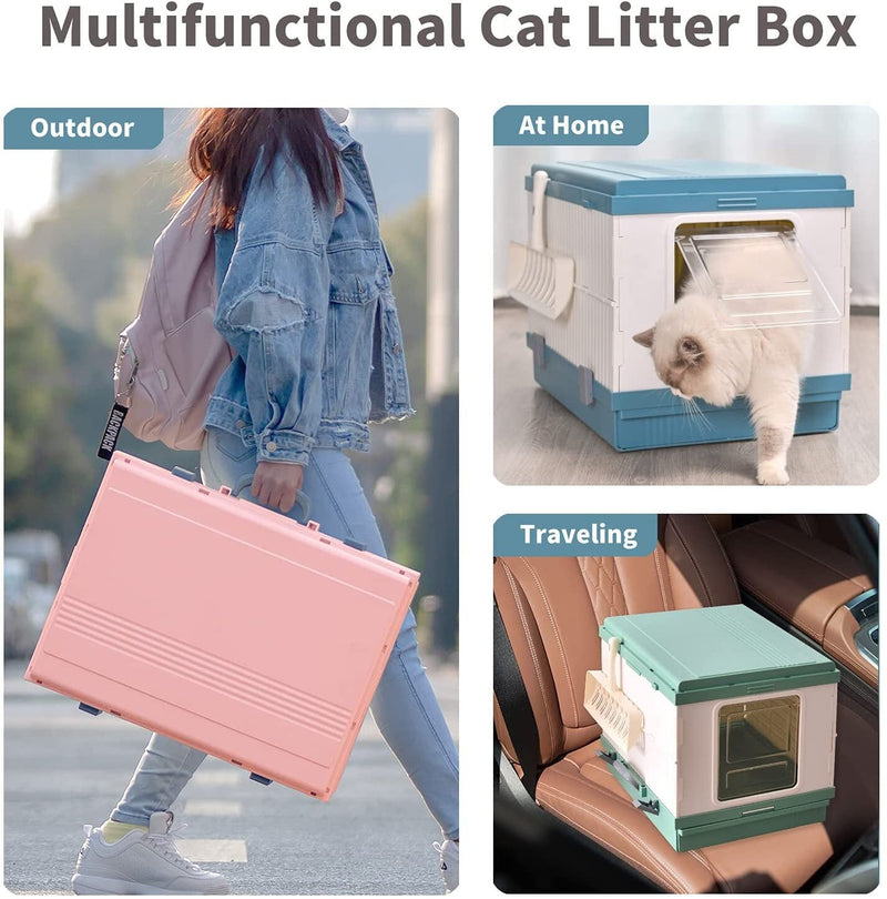 XL Portable Cat Toilet Litter Box Tray Foldable House with Handle and Scoop Green Payday Deals