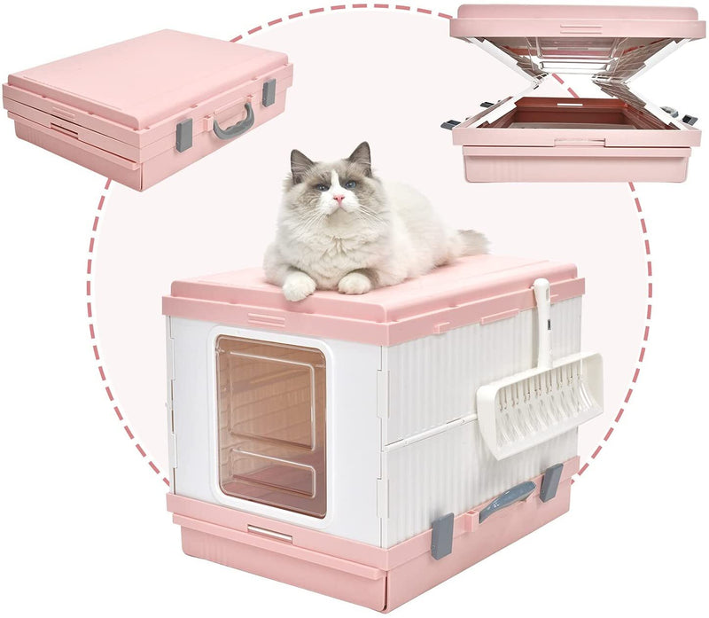 XL Portable Cat Toilet Litter Box Tray Foldable House with Handle and Scoop Pink Payday Deals